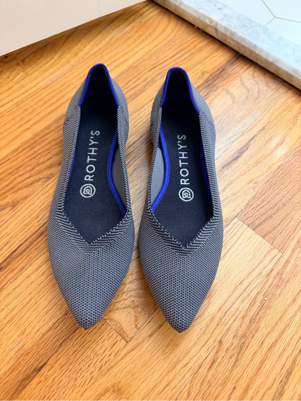 Rothy's Gray Knit Pointed Flats with Blue Trim